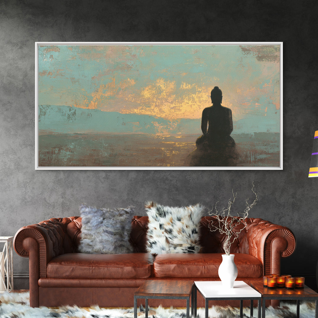 Buddha Silhouette Surrounded by Warm Light Framed Canvas Print, Meditation Art, Boho Wall Decor, Living Room Decor, Stillness, MED-2x1-3