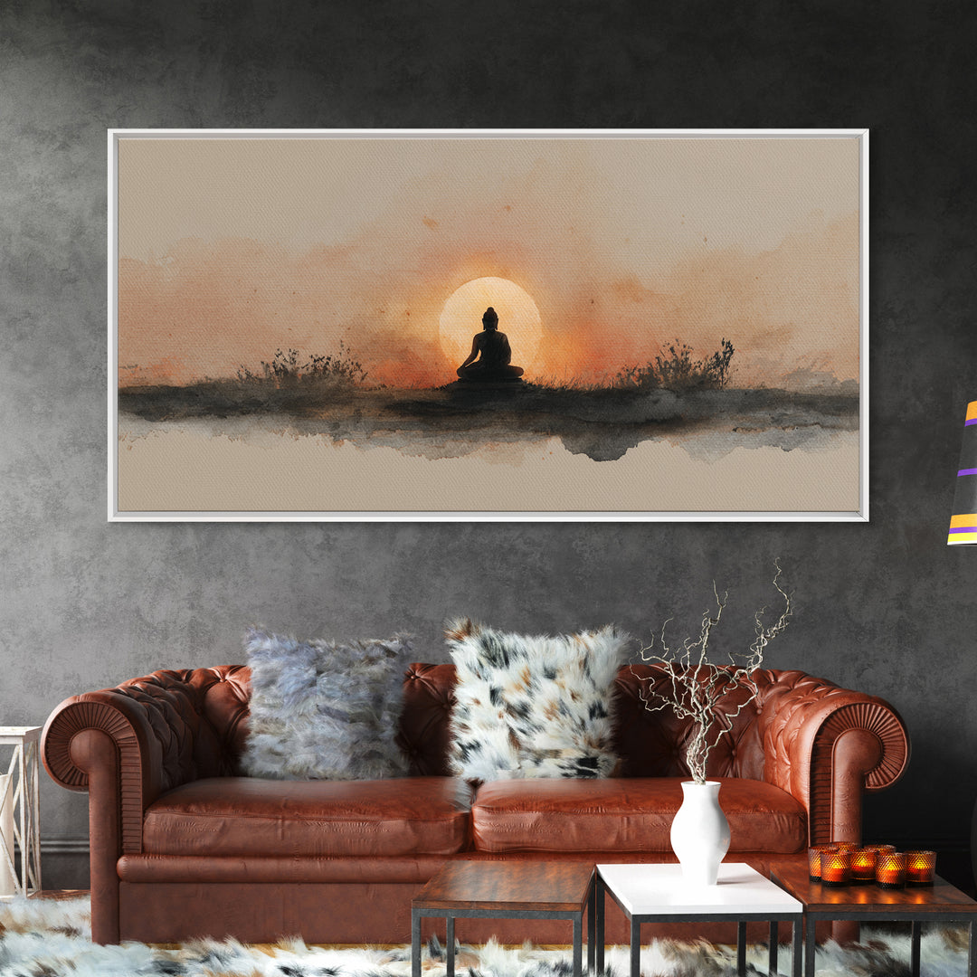 Buddha Silhouette Surrounded by Warm Light Canvas Print, Meditation Art, Gallery Wall Art, Living Room Decor, Stillness, MED-2x1-51