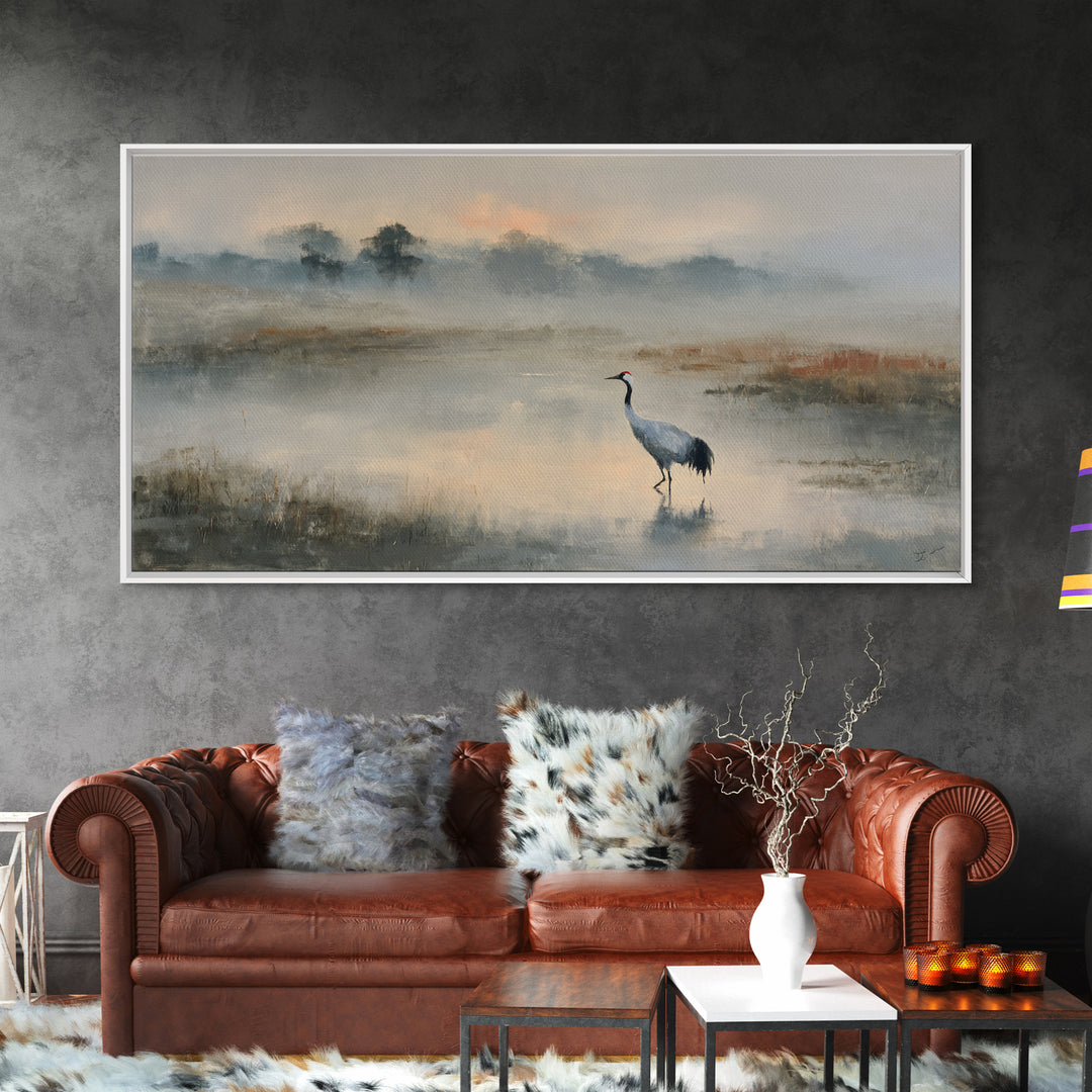 White Crane in Quiet Morning Mist Framed Canvas Print, Meditation Art, Canvas Art, Living Room Decor, Oil Painting, Stillness, MED-2x1-60