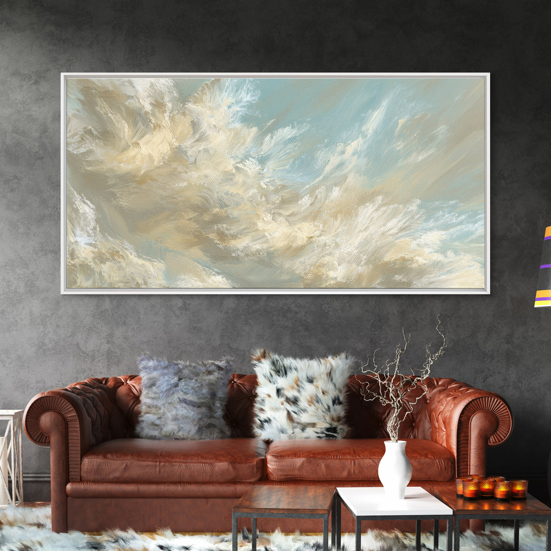 Angelic Light Rays Through Abstract Clouds Framed Canvas Print, Meditation Art, Canvas Art, Living Room Decor, Stillness, MED-2x1-90