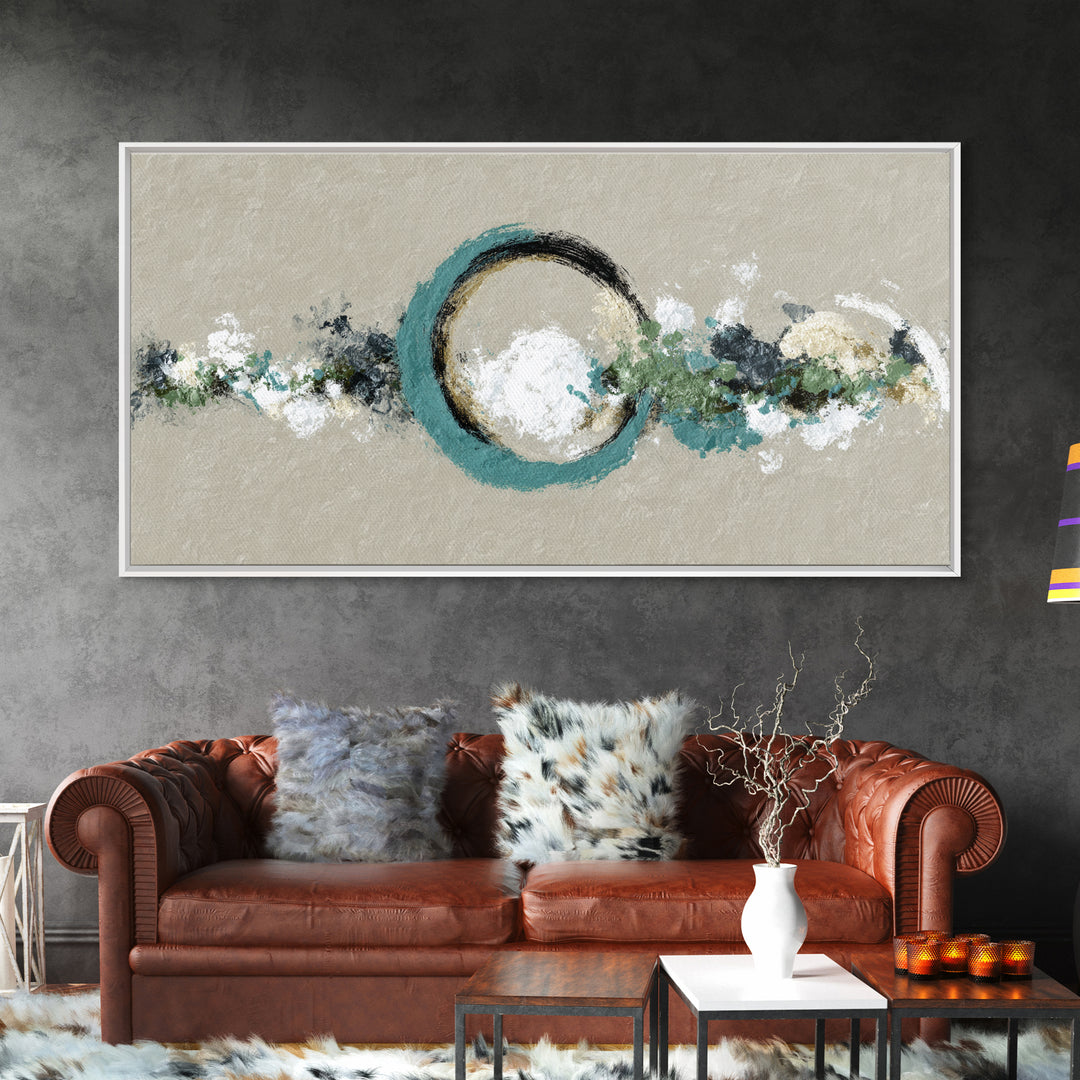 Zen Circle Brushstroke on Textured Paper Framed Canvas Print, Meditation Art, Minimalist Art, Living Room Decor, Oil Painting, MED-2x1-96