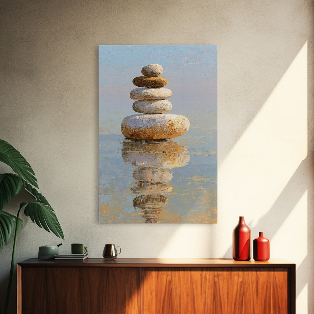 Floating Stones Balanced Above Calm Water Canvas Print, Meditation Art, Gallery Decor, Living Room Decor, Fine Art, Stillness, MED-2x3-16