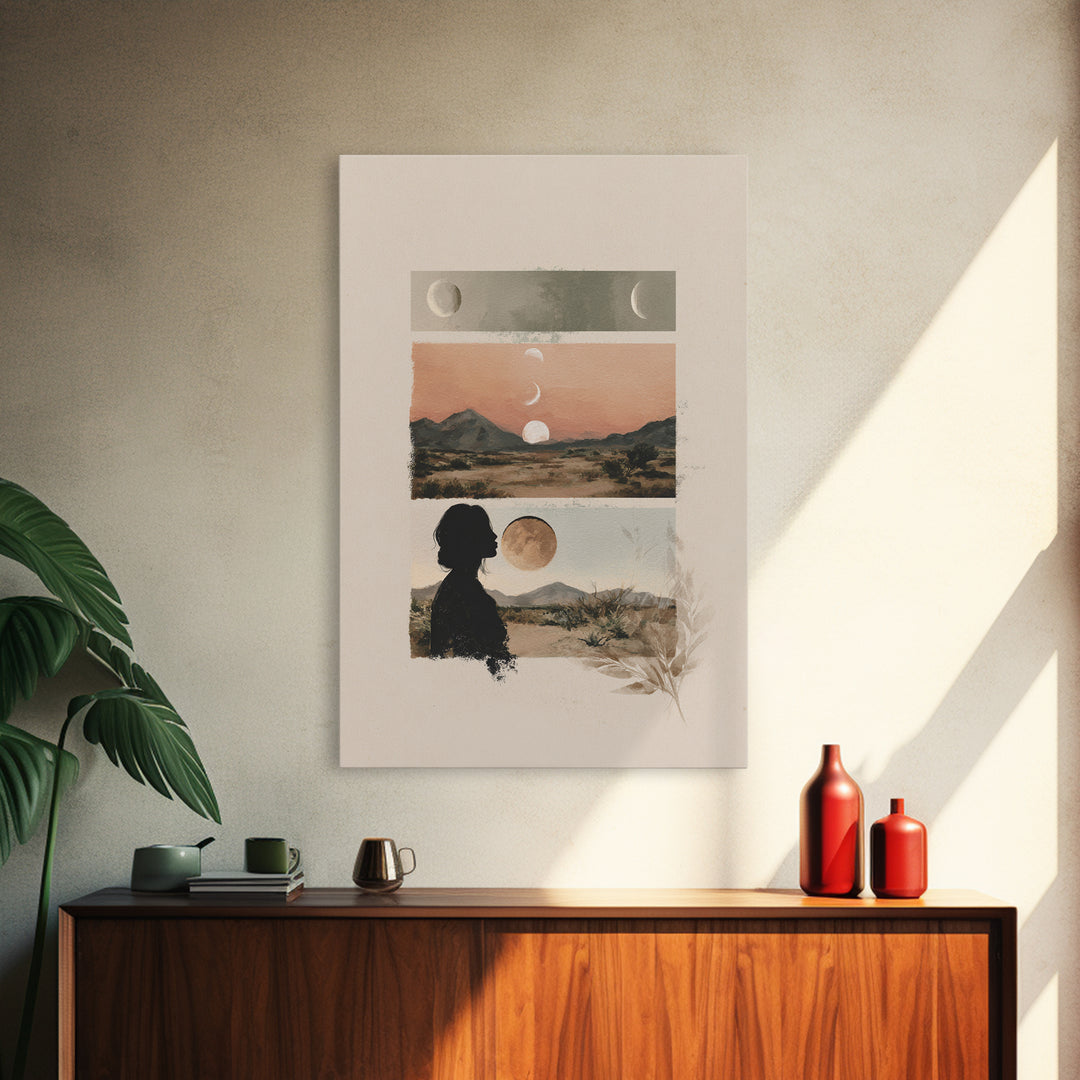 Moon Phases over a Quiet Desert Framed Canvas Print, Meditation Art, Modern Wall Art, Living Room Decor, Fine Art, Stillness, MED-2x3-17