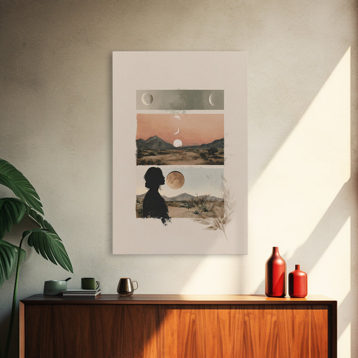 Moon Phases over a Quiet Desert Framed Canvas Print, Meditation Art, Modern Wall Art, Living Room Decor, Fine Art, Stillness, MED-2x3-17