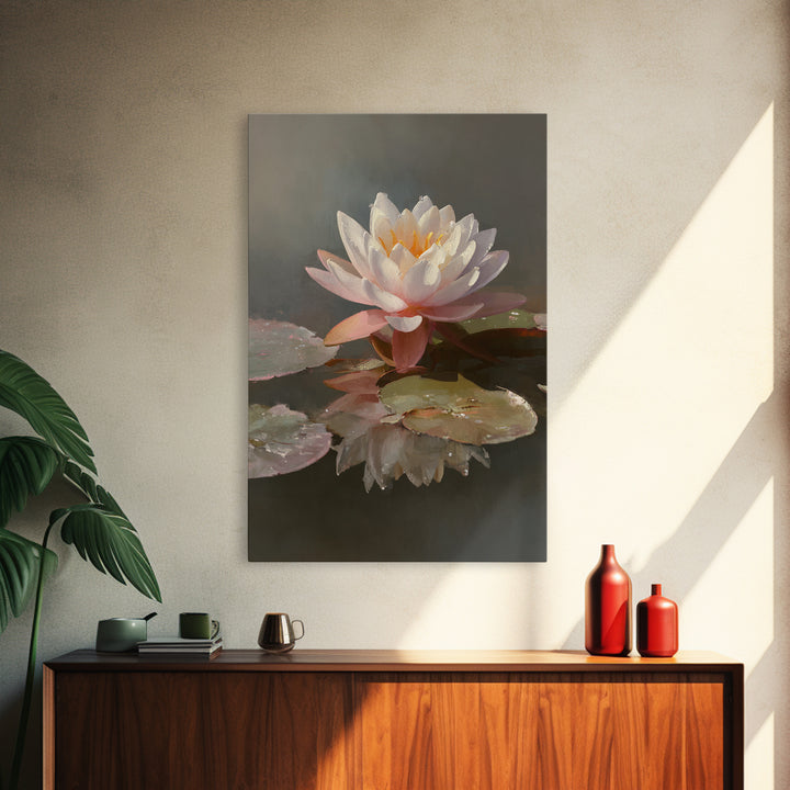 Lotus Flower Glowing Framed Canvas Print, Meditation Art, Gallery Wall Art, Living Room Decor, Stillness, Printable Artwork, MED-2x3-33