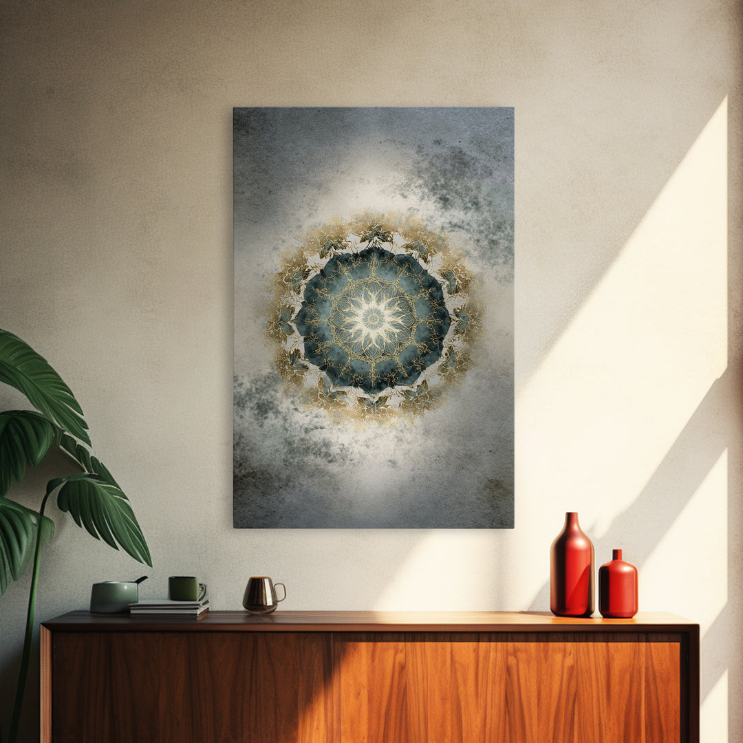 Mandala with Soft Gold and Indigo Symmetry Framed Canvas Print, Meditation Art, Original Art, Living Room Decor, Stillness, MED-2x3-34