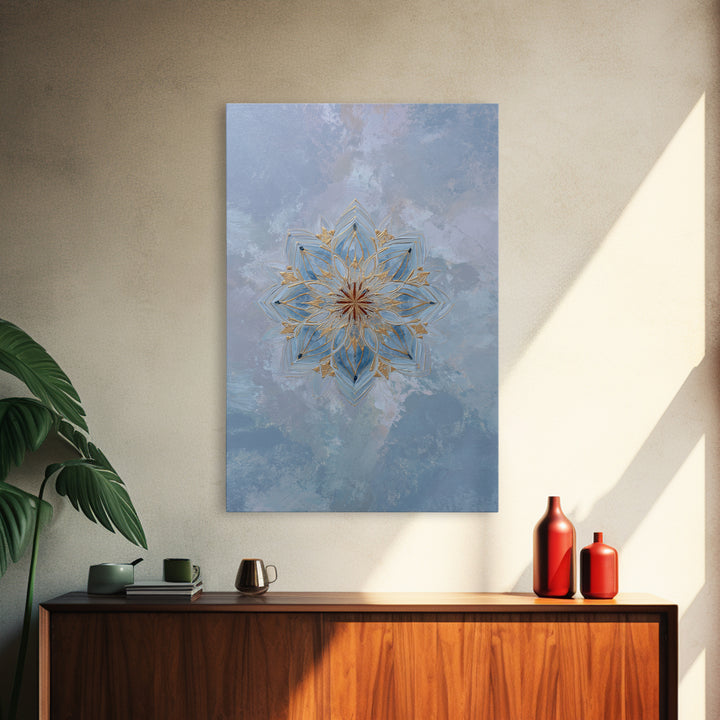 Mandala with Soft Gold and Indigo Symmetry Canvas Print, Meditation Art, Boho Wall Art, Living Room Decor, Fine Art, Stillness, MED-2x3-82