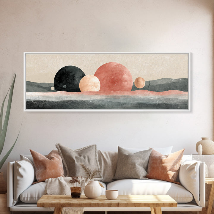 Moon Phases over a Quiet Desert Framed Canvas Print, Meditation Art, Living Room Decor, Watercolor Art, Stillness, MED-3x1-1