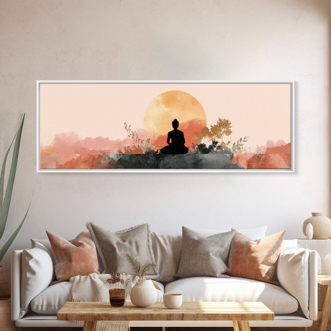 Buddha Silhouette Surrounded by Warm Light Framed Canvas Print, Meditation Art, Art Print, Living Room Decor, Stillness, MED-3x1-23