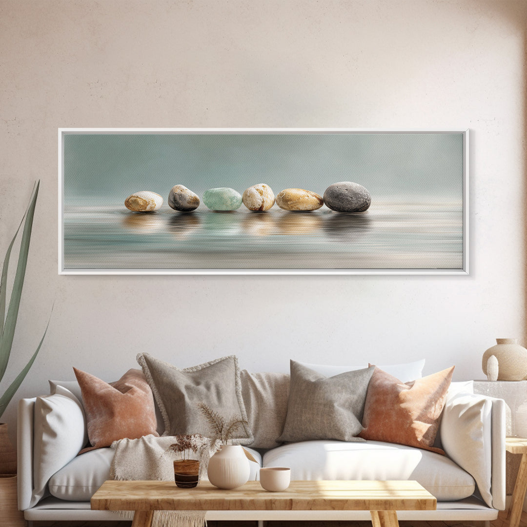 Floating Stones Balanced Above Calm Water Canvas Print, Meditation Art, Printable Artwork, Living Room Decor, Stillness, MED-3x1-24