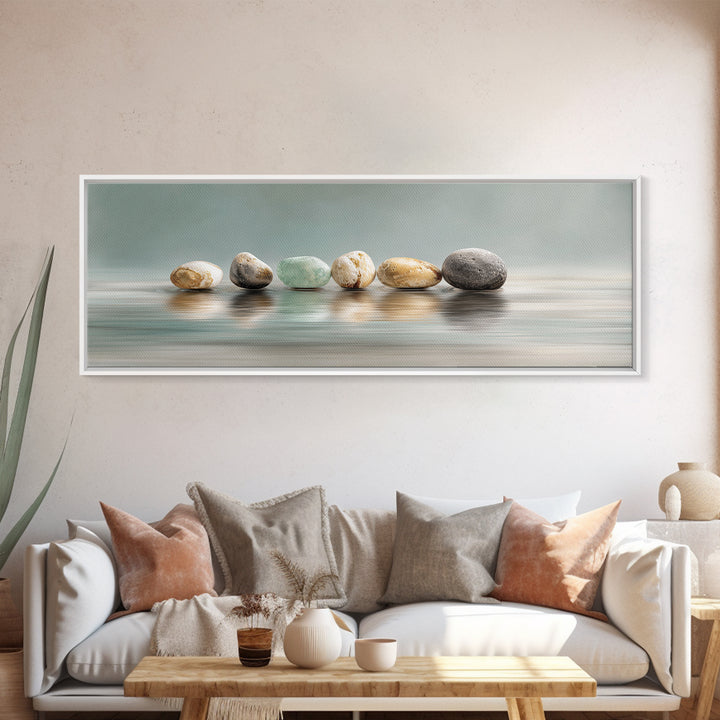 Floating Stones Balanced Above Calm Water Canvas Print, Meditation Art, Printable Artwork, Living Room Decor, Stillness, MED-3x1-24