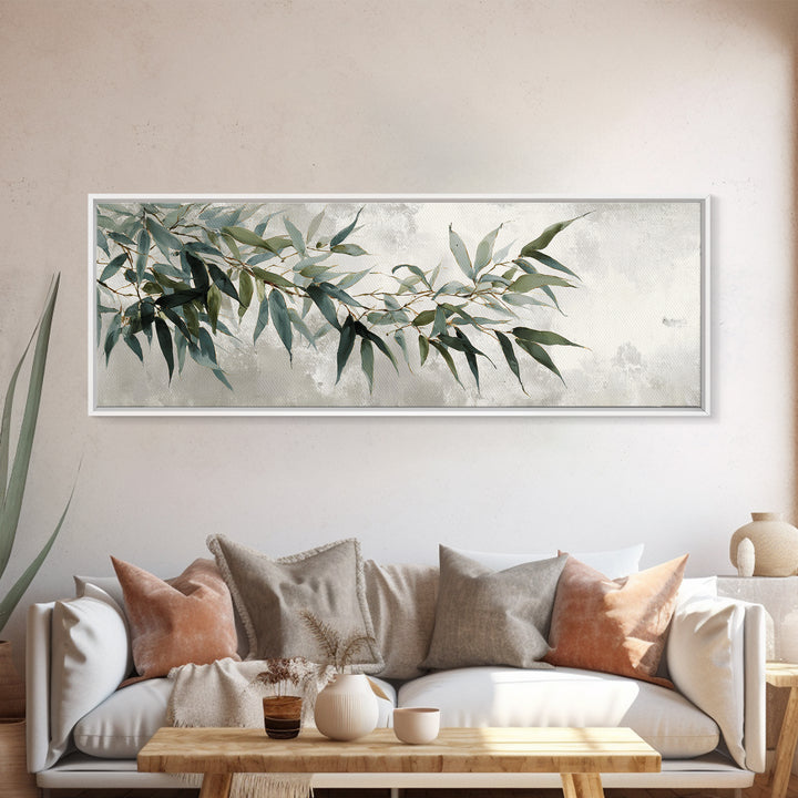 Bamboo Leaves in Gentle Ink Wash Framed Canvas Print, Meditation Art, Room Decor, Living Room Decor, Fine Art, Stillness, MED-3x1-27