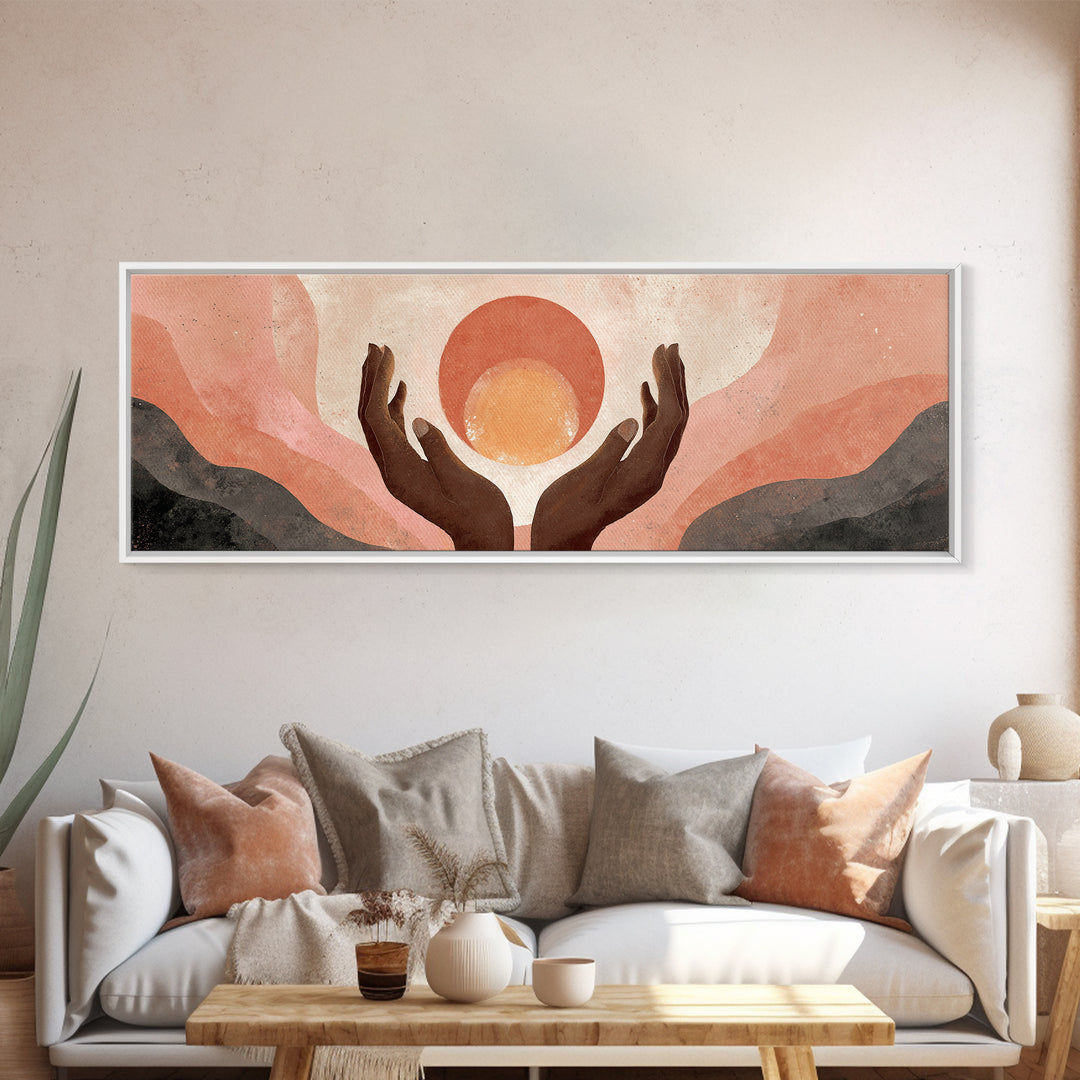 Hands Holding a Tiny Glowing Sun Canvas Print, Meditation Art, Spiritual Wall Art, Living Room Decor, Watercolor Art, Stillness, MED-3x1-4