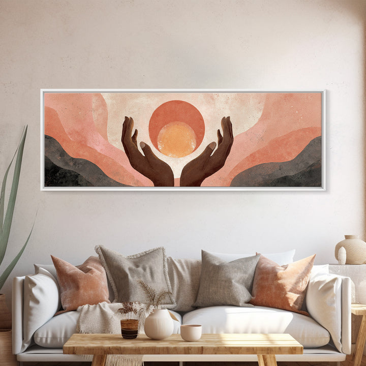 Hands Holding a Tiny Glowing Sun Canvas Print, Meditation Art, Spiritual Wall Art, Living Room Decor, Watercolor Art, Stillness, MED-3x1-4