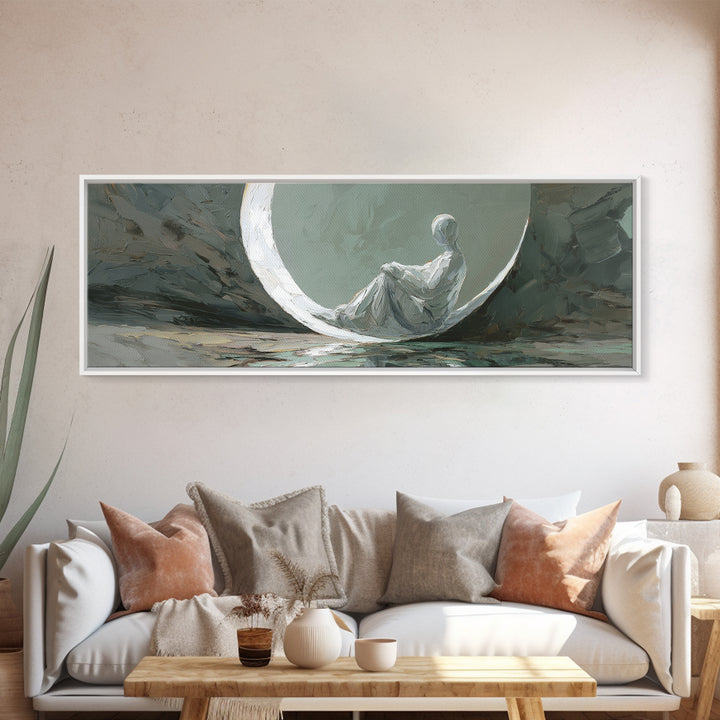 Single Seated Figure Beneath a Crescent Moon Canvas Print, Meditation Art, Abstract Art, Living Room Decor, Fine Art, Stillness, MED-3x1-43