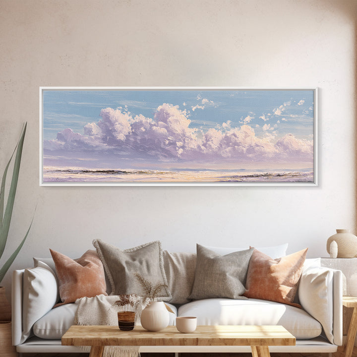 Gentle Cloudscape in Lavender and Cream Framed Canvas Print, Meditation Art, Art Deco, Living Room Decor, Fine Art, Stillness, MED-3x1-59