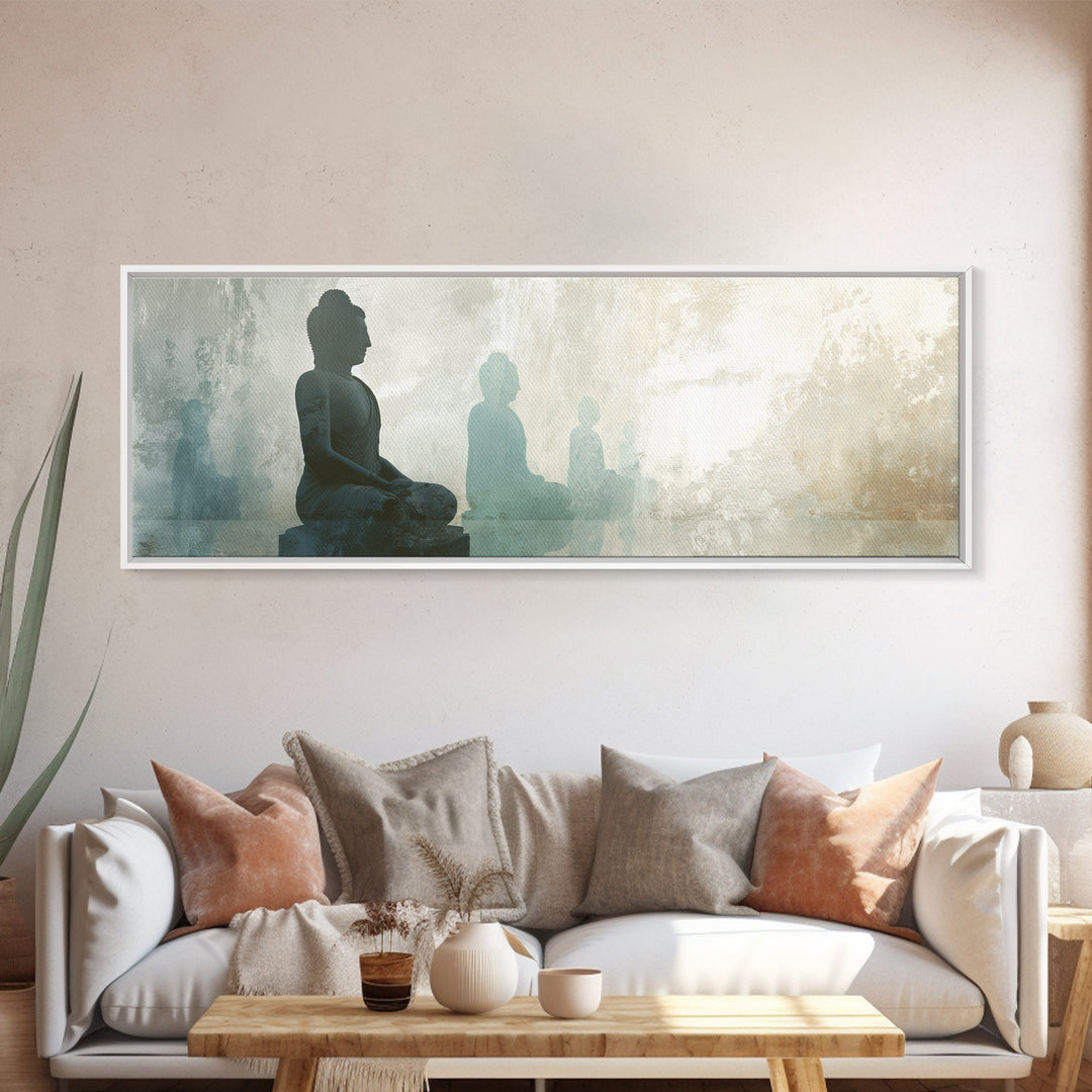 Buddha Silhouette Surrounded by Warm Light Canvas Print, Meditation Art, Boho Wall Decor, Living Room Decor, Stillness, MED-3x1-71