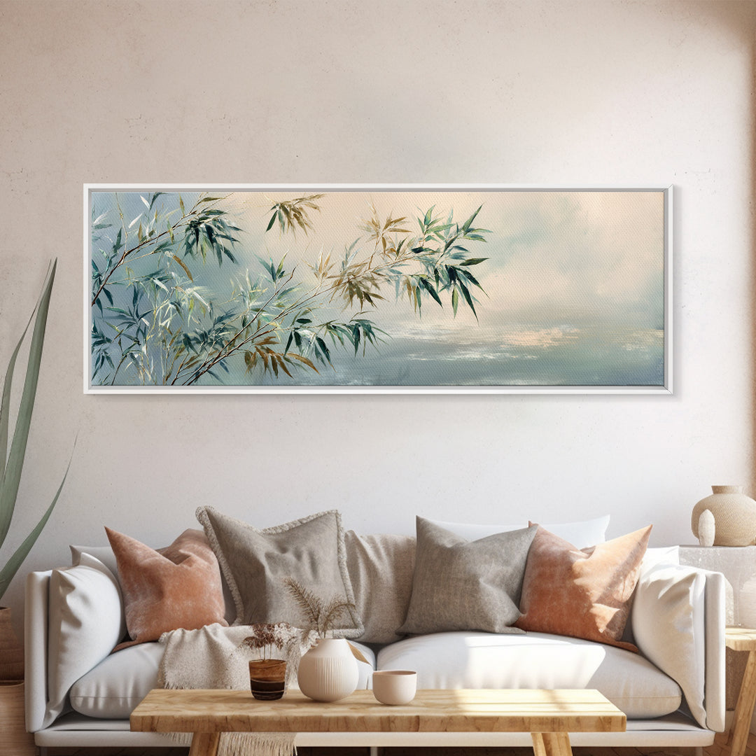 Bamboo Leaves in Gentle Ink Wash Canvas Print, Meditation Art, Floral Wall Art, Living Room Decor, Fine Art, Stillness, MED-3x1-75
