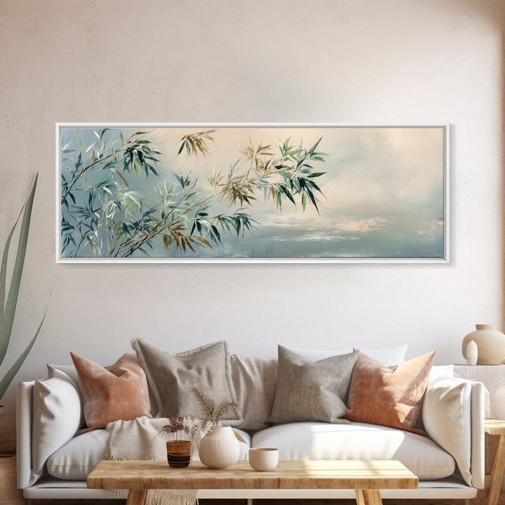 Bamboo Leaves in Gentle Ink Wash Canvas Print, Meditation Art, Floral Wall Art, Living Room Decor, Fine Art, Stillness, MED-3x1-75