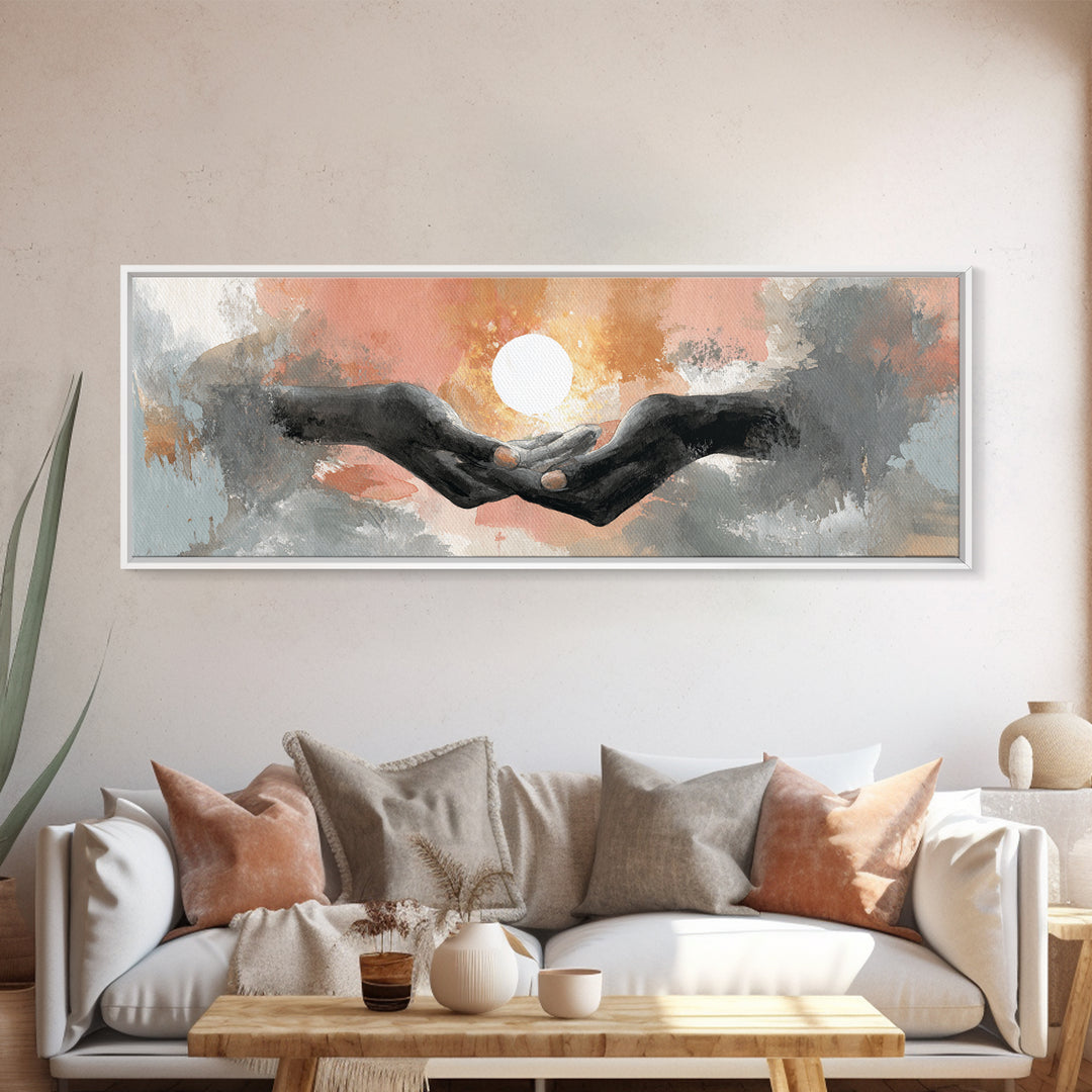 Hands Holding a Tiny Glowing Sun Canvas Print, Meditation Art, Digital Wall Art, Living Room Decor, Fine Art, Stillness, MED-3x1-76