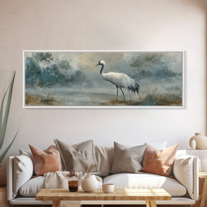 White Crane in Quiet Morning Mist Canvas Print, Meditation Art, Buddha Wall Art, Living Room Decor, Fine Art, Stillness, MED-3x1-8