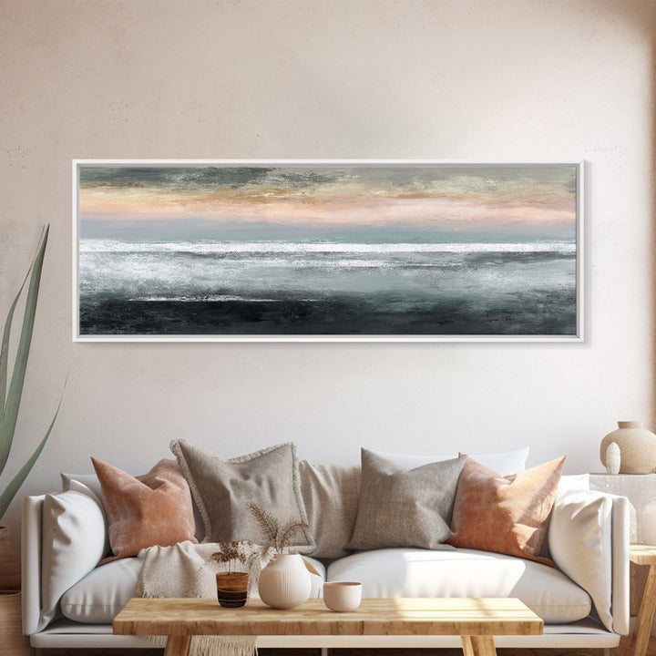 Ocean Horizon with Meditative Stillness Framed Canvas Print, Meditation Art, Living Room Art, Living Room Decor, Oil Painting, MED-3x1-82