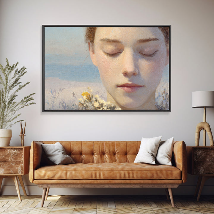 Calm Face Portrait Framed Canvas Print, Meditation Art, Contemporary Art, Living Room Decor, Fine Art, Stillness, Modern Decor, MED-3x2-28