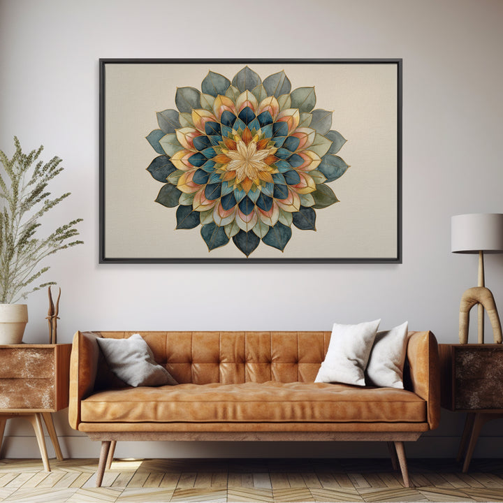 Mandala with Soft Gold and Indigo Symmetry Canvas Print, Meditation Art, Zen Wall Art, Living Room Decor, Fine Art, Stillness, MED-3x2-30