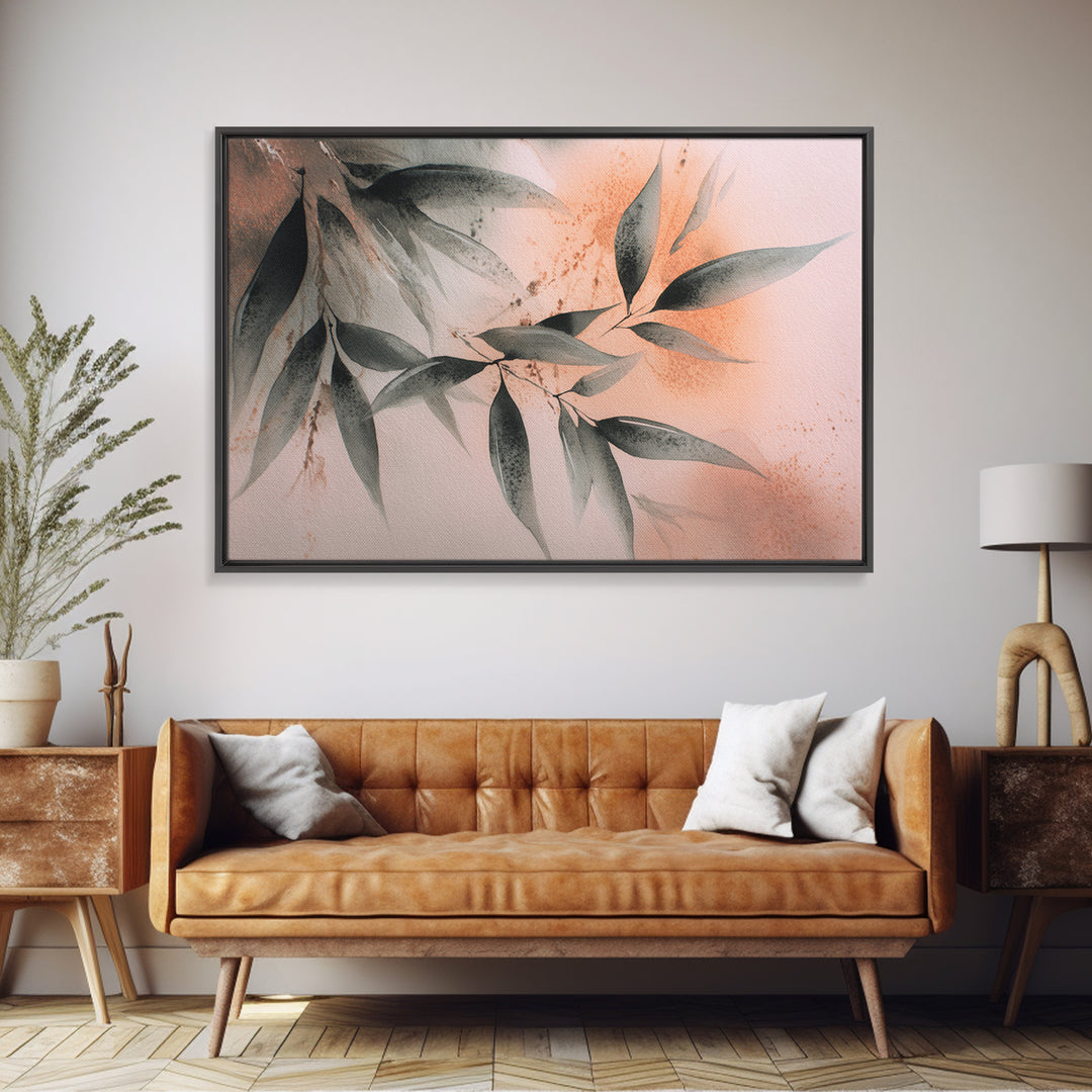 Bamboo Leaves in Gentle Ink Wash Framed Canvas Print, Meditation Art, Minimalist Decor, Living Room Decor, Fine Art, Stillness, MED-3x2-39