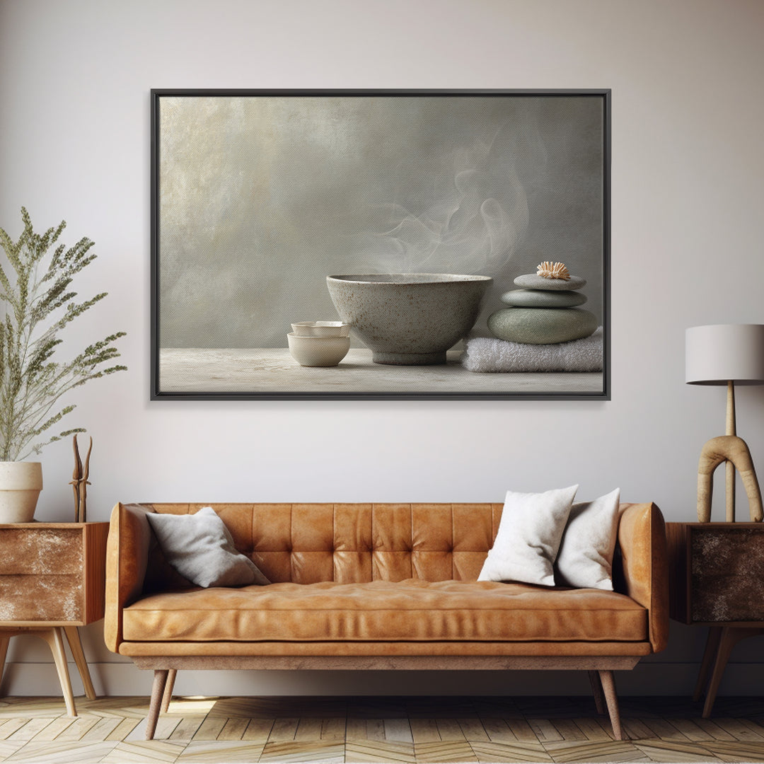 Tea Bowl and Steam Canvas Print, Meditation Art, Neutral Decor, Living Room Decor, Fine Art, Stillness, Home Decor, Wall Decor, MED-3x2-49