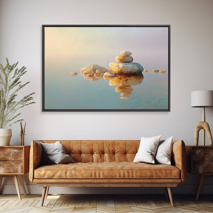 Floating Stones Balanced Above Calm Water Framed Canvas Print, Meditation Art, Room Decor, Living Room Decor, Stillness, MED-3x2-60