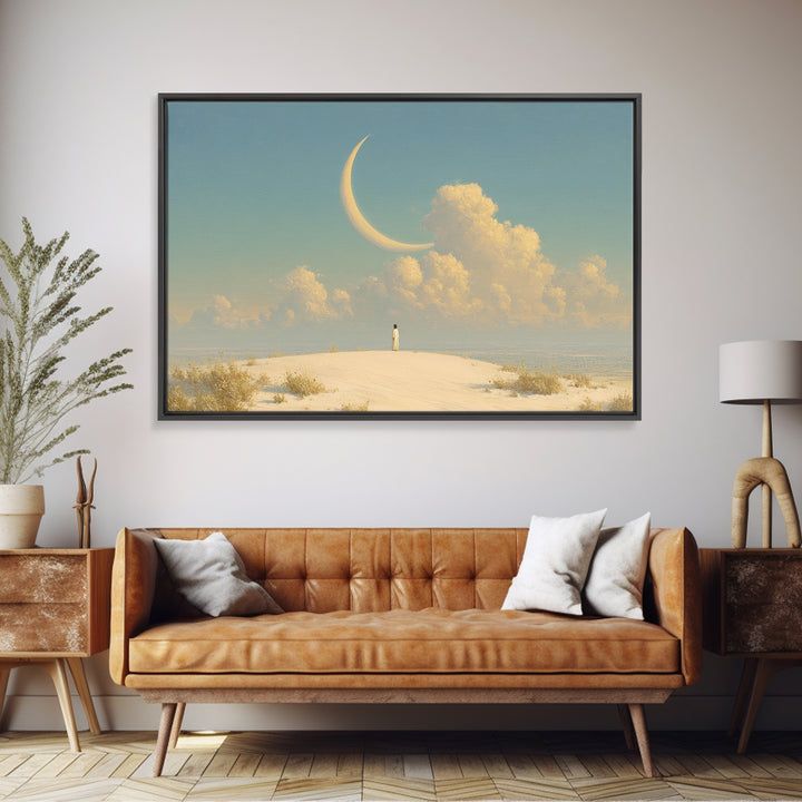 Single Seated Figure Beneath a Crescent Moon Canvas Print, Meditation Art, Modern Wall Art, Living Room Decor, Stillness, MED-3x2-7