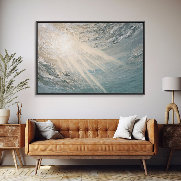 Angelic Light Rays Through Abstract Clouds Framed Canvas Print, Meditation Art, Minimalist Art, Living Room Decor, Stillness, MED-3x2-74