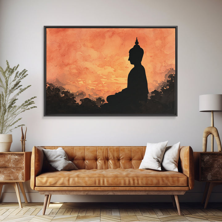 Buddha Silhouette Surrounded by Warm Light Canvas Print, Meditation Art, Boho Wall Decor, Living Room Decor, Stillness, MED-3x2-83