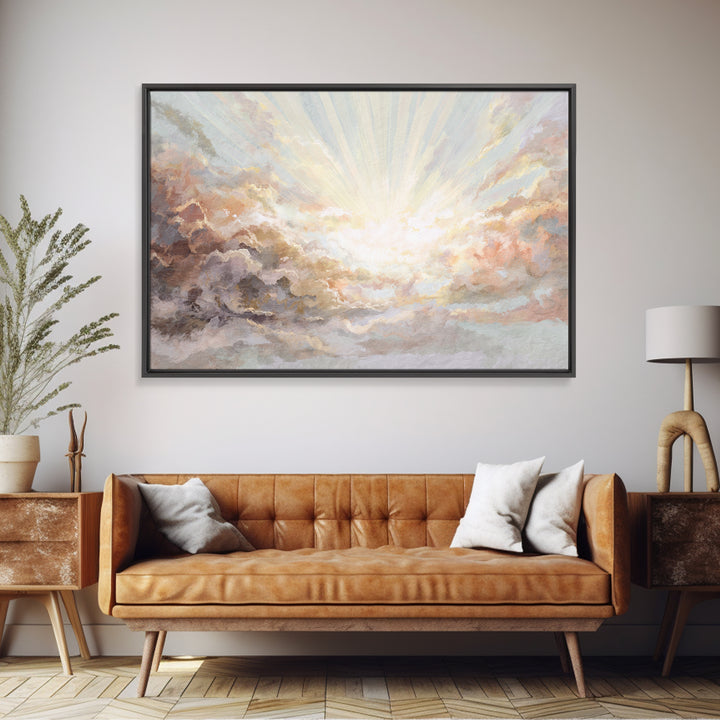 Angelic Light Rays Through Abstract Clouds Canvas Print, Meditation Art, Yoga Wall Art, Living Room Decor, Fine Art, Stillness, MED-3x2-98