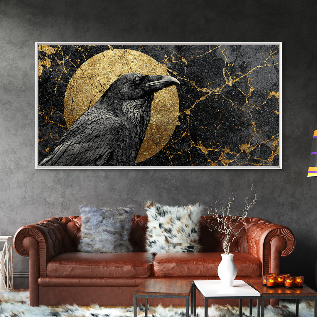 Raven Gold Canvas Print, Dark Bird Art With Lunar Circle Design, Real Wood Frame Wall Décor, Mystical Gothic Nature Artwork