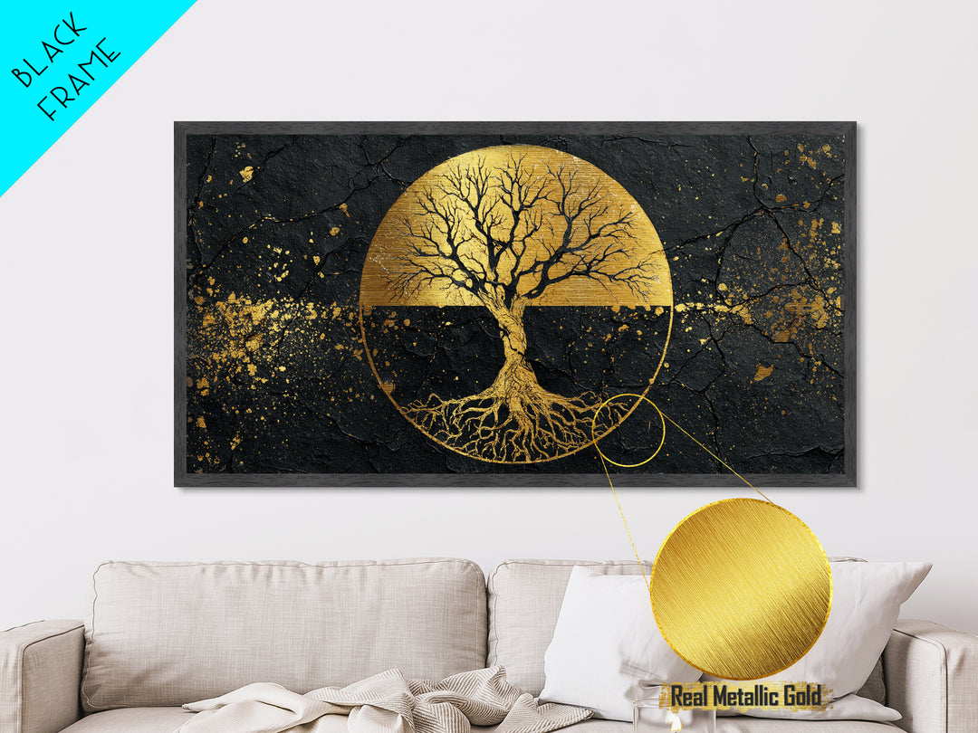 Mystical Roots Tree Metallic Gold Art, Sacred Nature Symbol Metal Print, Real Wood Frame Wall Décor, Spiritual Mythical Decorative Artwork