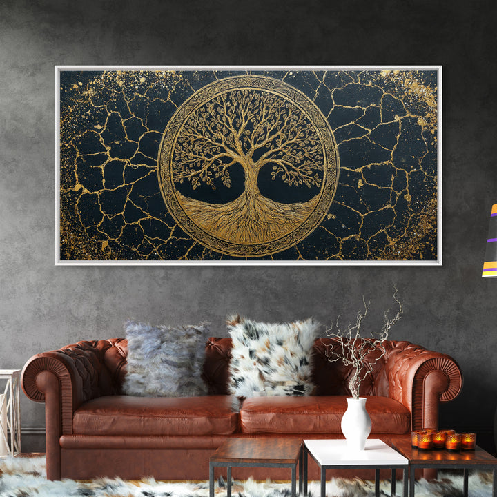 Tree Of Life Circle Gold Canvas Print, Sacred Geometry Wall Art, Norse Yggdrasil Artwork, Real Wood Frame Decor