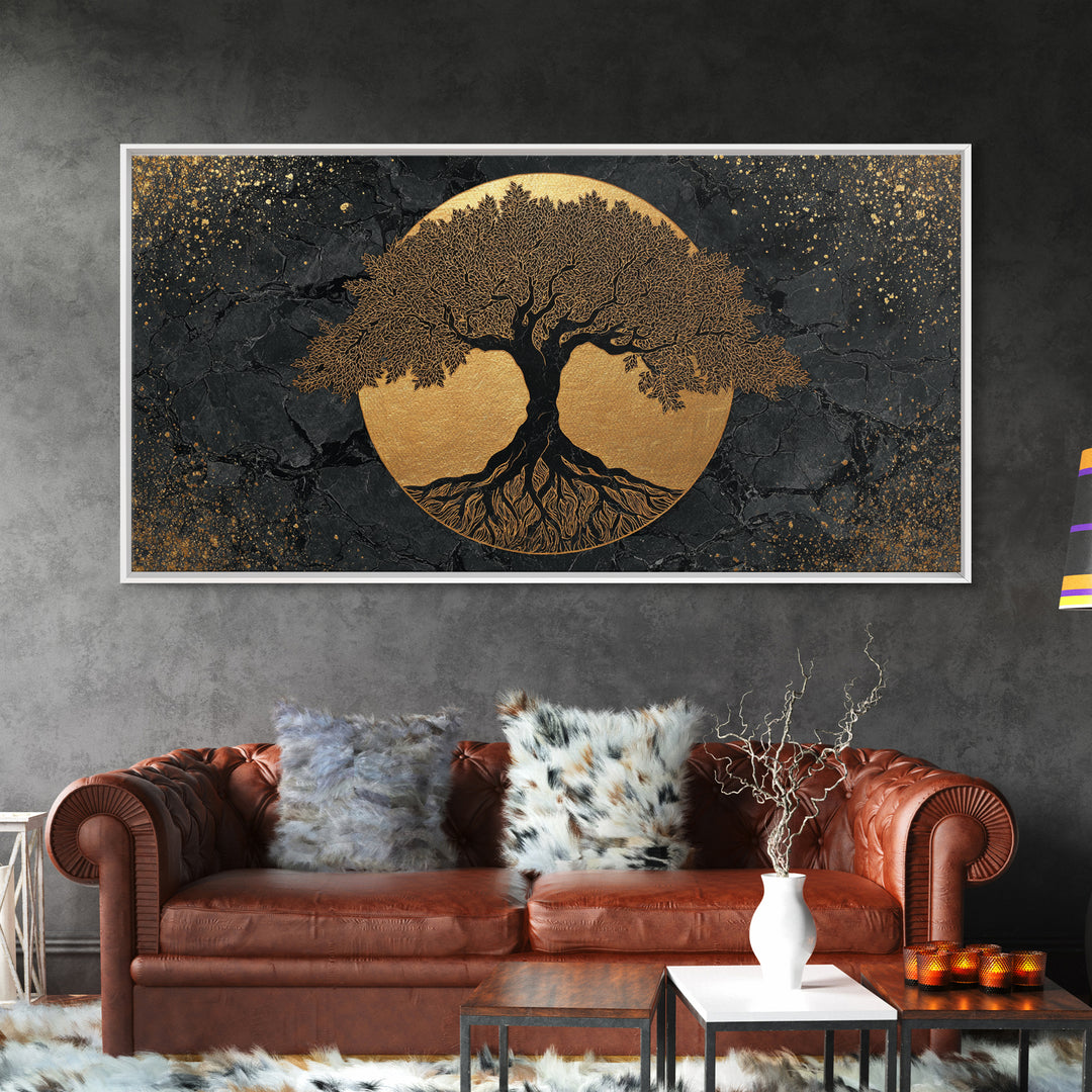 Elegant Tree Of Life Gold Canvas Print, Modern Sacred Geometry Wall Art, Mystical Symbol Artwork, Real Wood Frame Decor