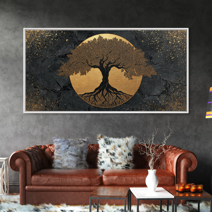 Elegant Tree Of Life Gold Canvas Print, Modern Sacred Geometry Wall Art, Mystical Symbol Artwork, Real Wood Frame Decor