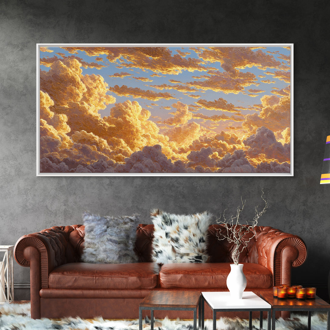 Golden Clouds Gold Canvas Art, Sky And Light Filled Cloudscape Canvas Print, Real Wood Frame Wall Décor, Dreamy Atmospheric Artwork