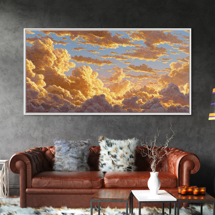 Golden Clouds Gold Canvas Art, Sky And Light Filled Cloudscape Canvas Print, Real Wood Frame Wall Décor, Dreamy Atmospheric Artwork
