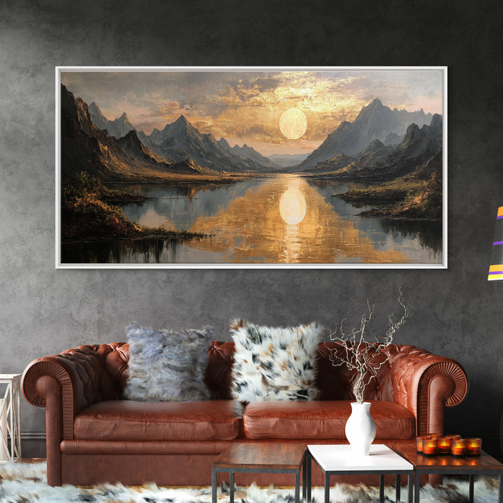 Mountain Lake Gold Canvas Print, Golden Sun Over Peaks And Reflection Art, Real Wood Frame Wall Décor, Tranquil Landscape Artwork