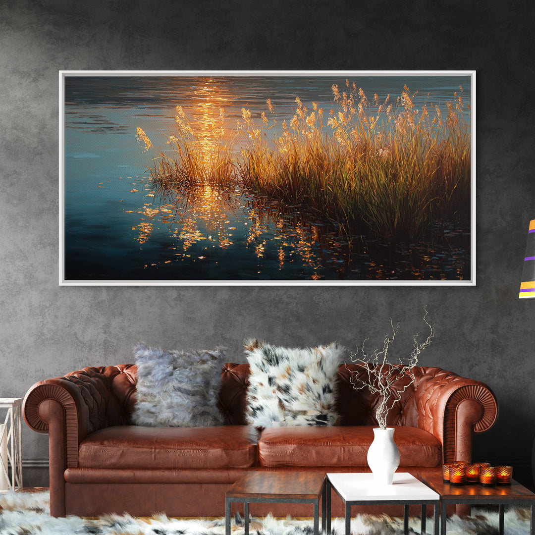 Golden Reeds Gold Canvas Art, Sunset Water Reflection With Grass Canvas Print, Real Wood Frame Wall Décor, Serene Nature Inspired Artwork