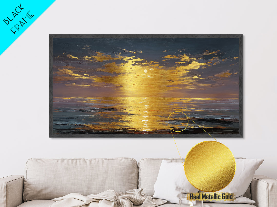 Ocean Sunset Metallic Gold Metal Print, Radiant Sunlight Over Waves Artwork, Real Wood Frame Wall Décor, Coastal Seascape Glow Art