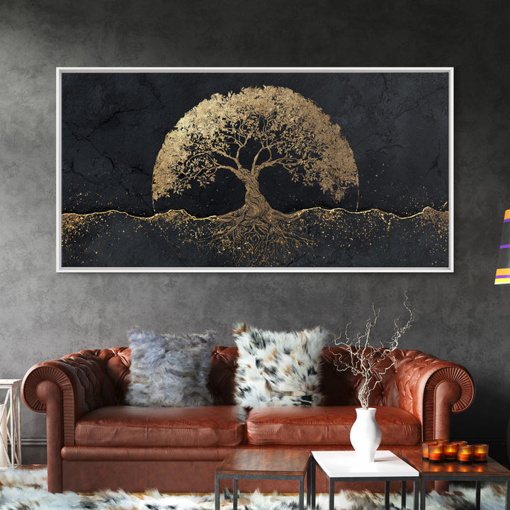 Sacred Tree Gold Canvas Art, Symbolic Roots And Branches Canvas Print, Real Wood Frame Wall Décor, Mystical Spiritual Nature Artwork