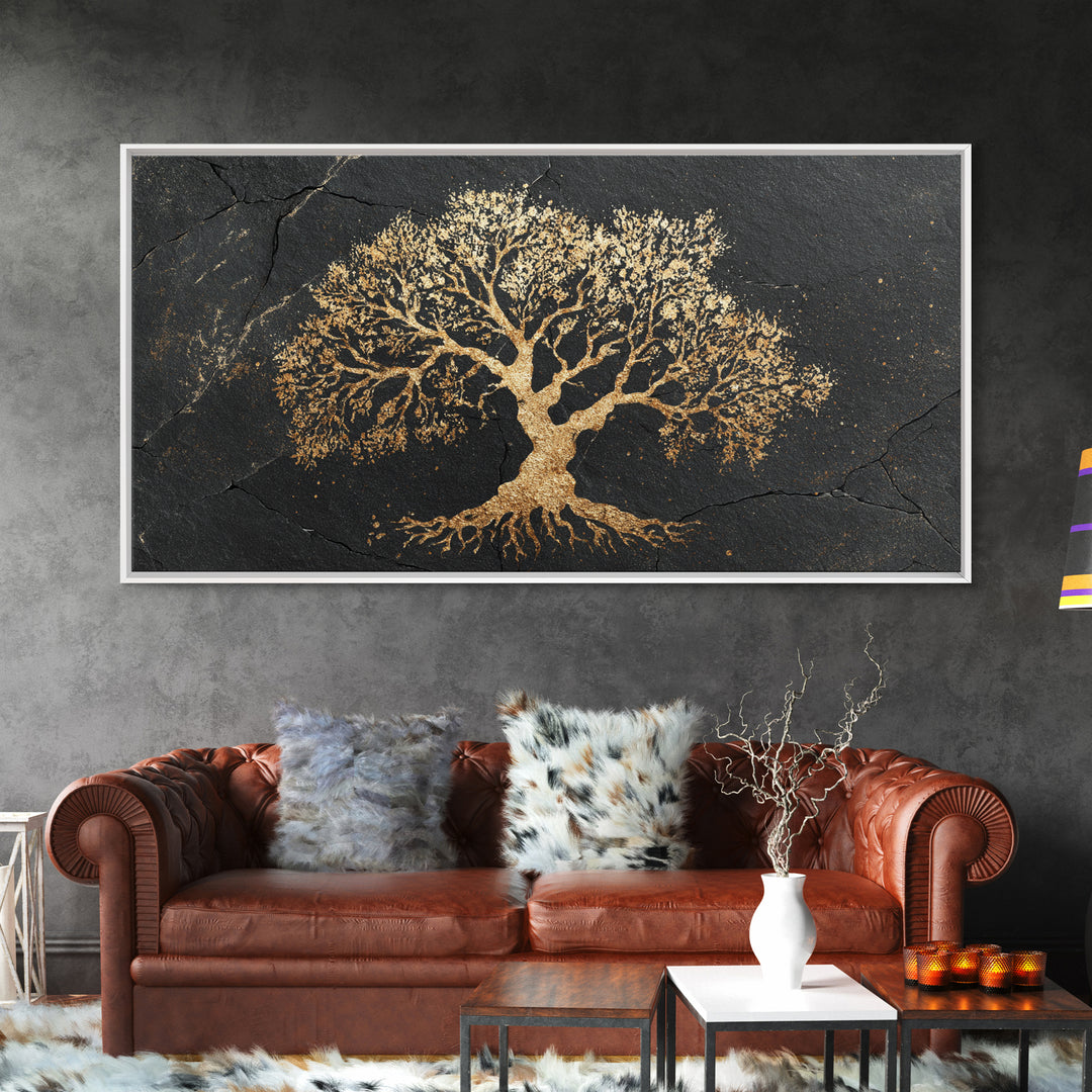 Ancient Oak Gold Canvas Print, Timeless Tree Of Life Design Artwork, Real Wood Frame Wall Décor, Nature Inspired Mystical Symbol Art