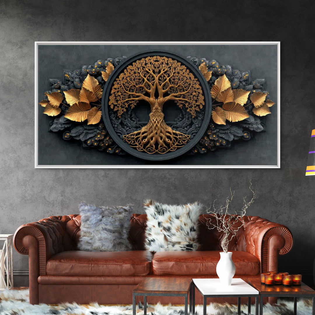 Decorative Tree Of Life Gold Canvas Art, Ornate Circle Design Canvas Print, Real Wood Frame Wall Décor, Luxurious Nature Inspired Artwork