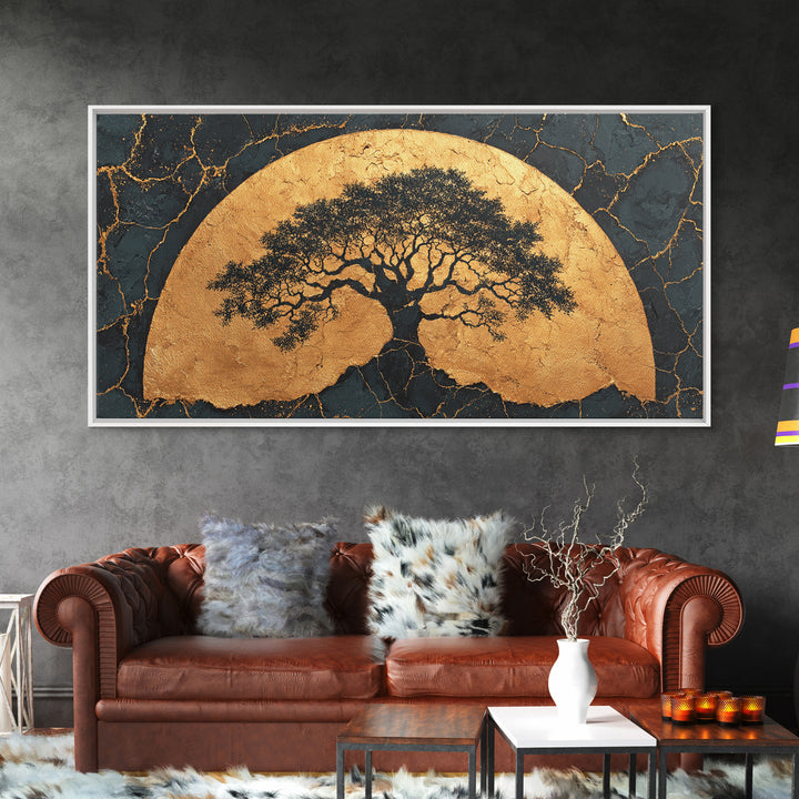 Golden Horizon Tree Gold Canvas Print, Majestic Nature Symbol Artwork, Real Wood Frame Wall Décor, Sacred Celestial Inspired Art