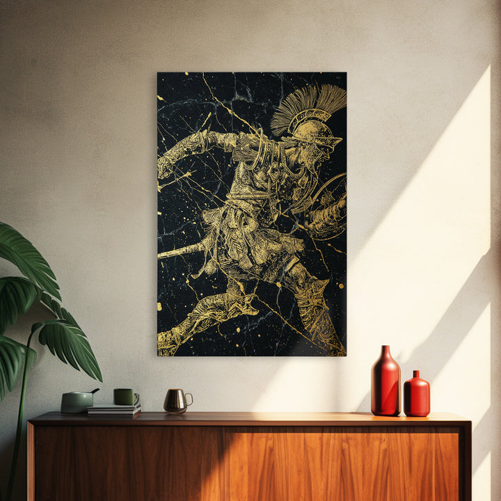 Roman Gladiator Gold Canvas Print, Ancient Warrior Art On Canvas, Real Wood Frame Wall Décor, Historical Mythology Artwork